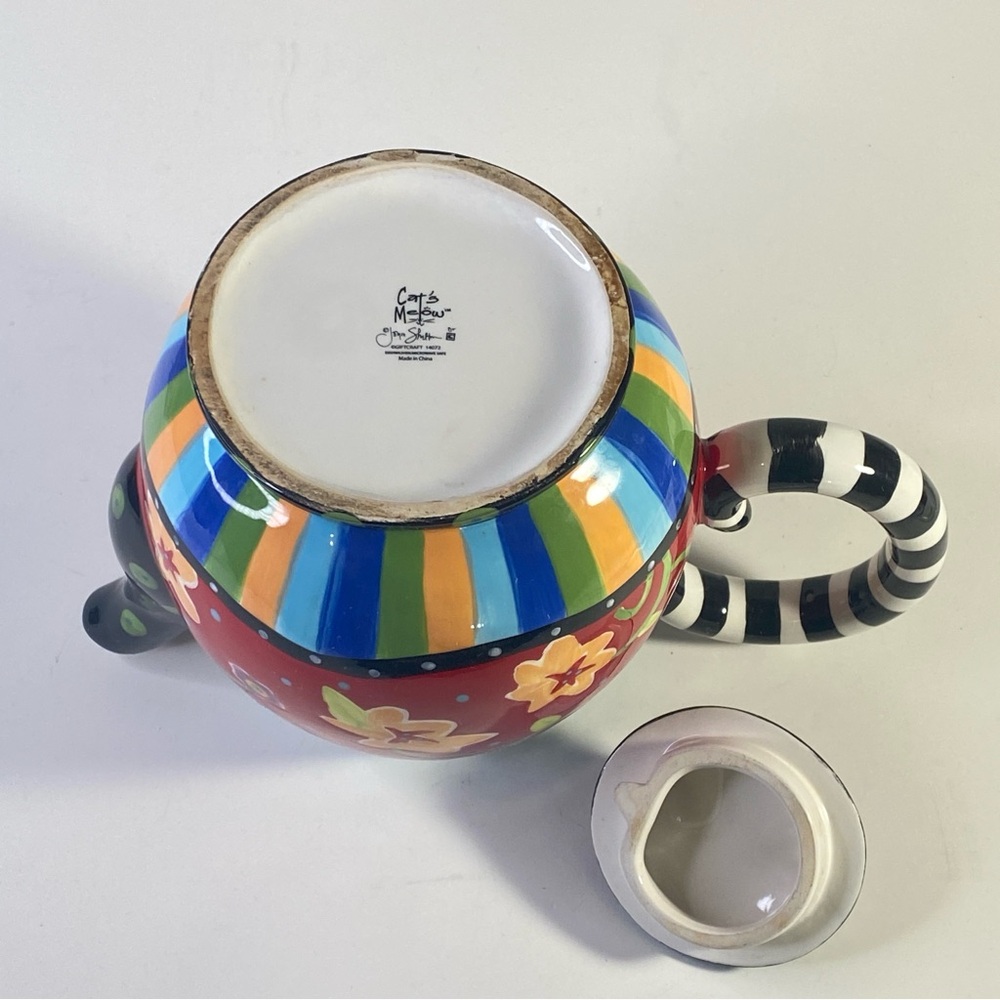 Cat’s Meow Red Floral Cat Teapot, Striped Tail Handle, Ceramic - Picture 6 of 9